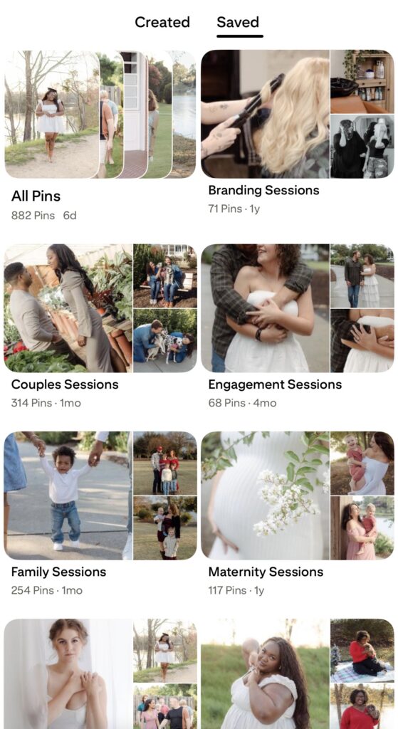 Screenshot of alyssamichellephotos Pinterest profile showing photography boards