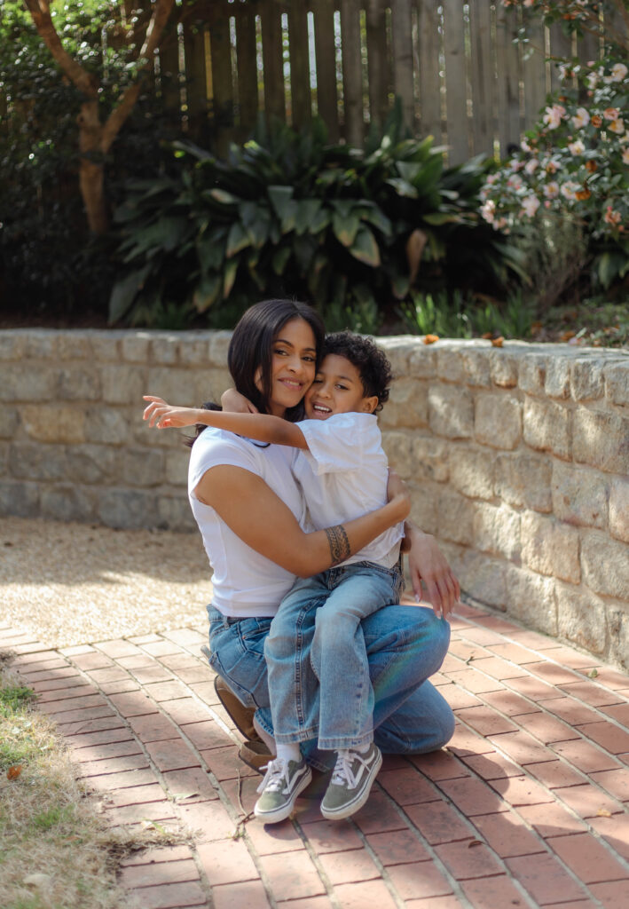 Mom and son hugging for photo session in Augusta, Georgia