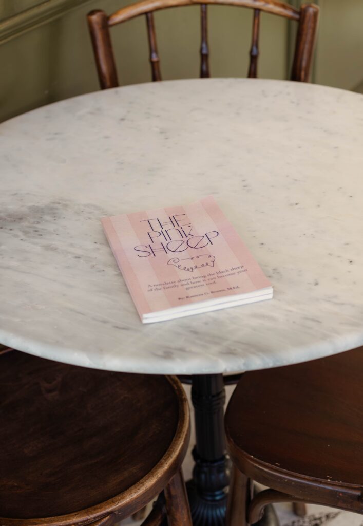 Close-up of author’s book and coffee on a café table
