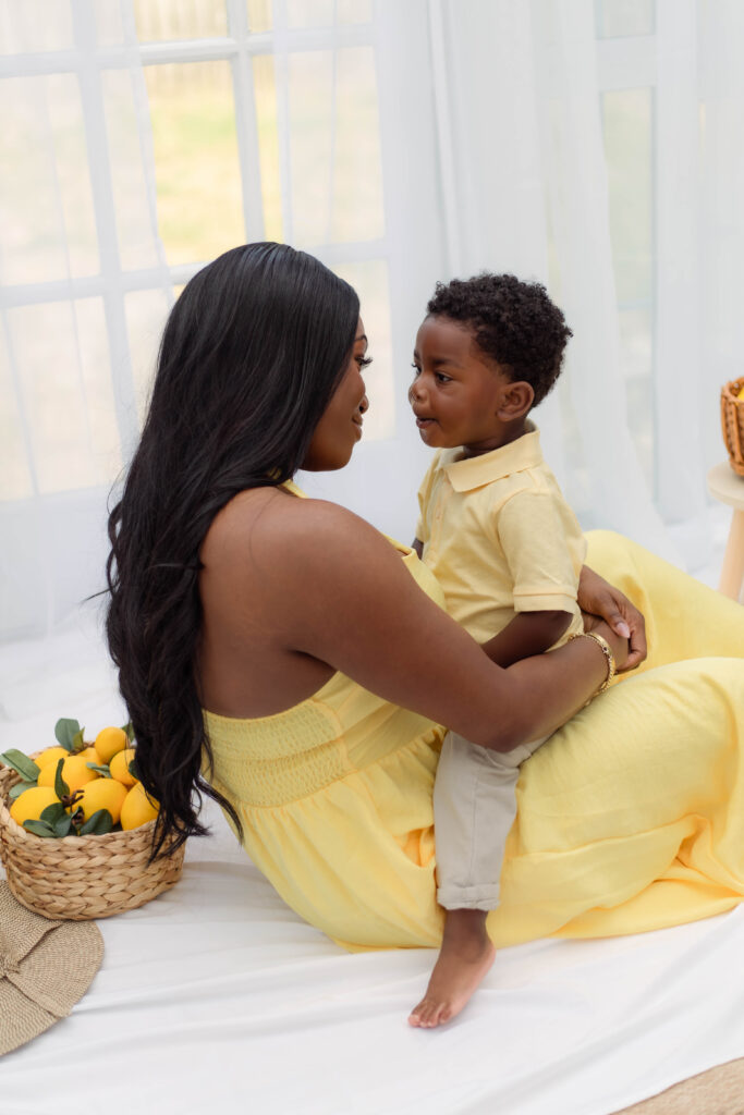 Mother and son look at each other