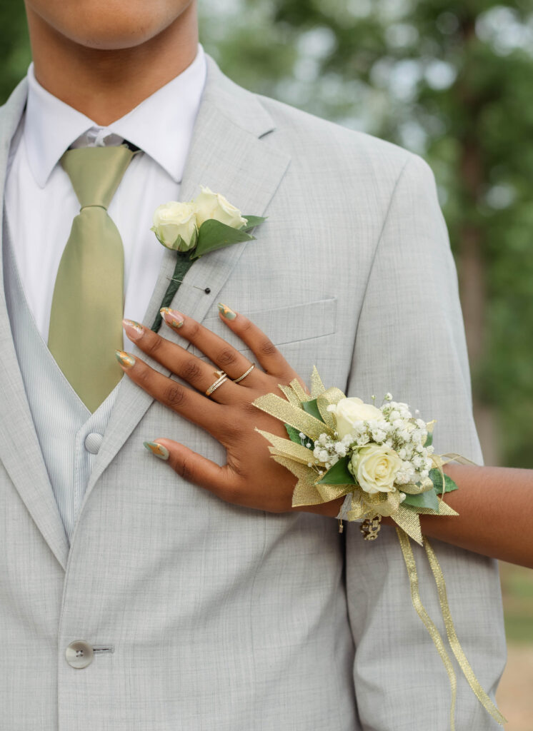 Close up of corsage and boutonniere for high school prom