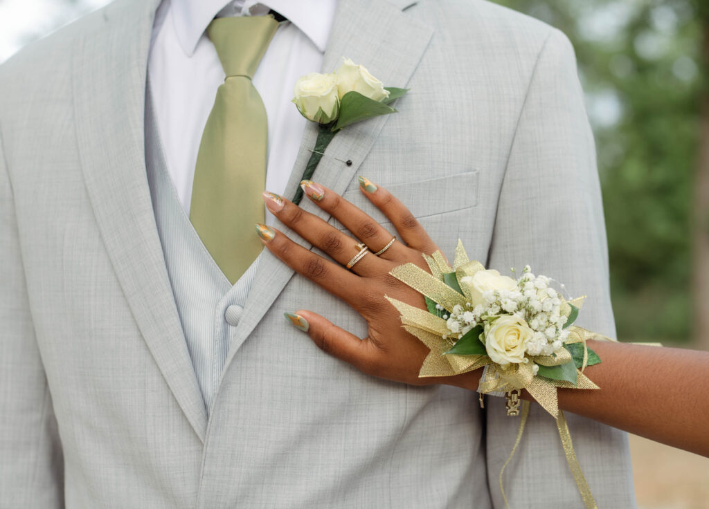Close up of corsage and boutonniere for high school prom
