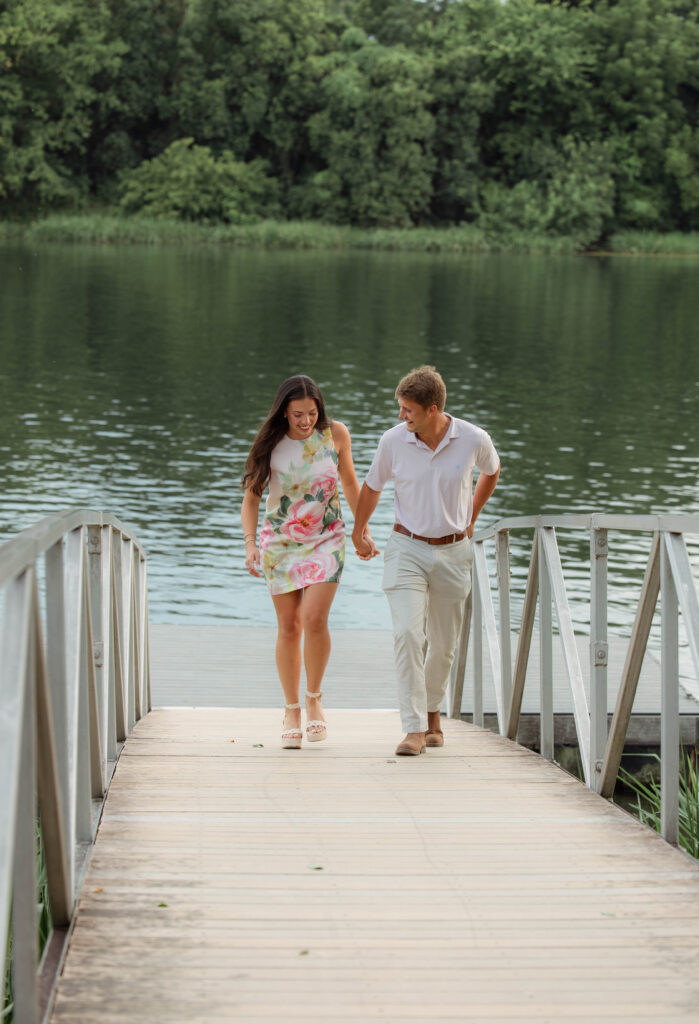Engaged couple walking together after the proposal