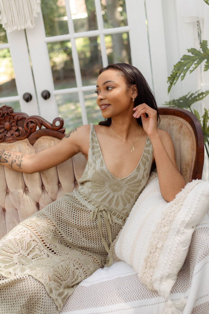 Close-up portrait of a model in soft natural light during a boho styled shoot