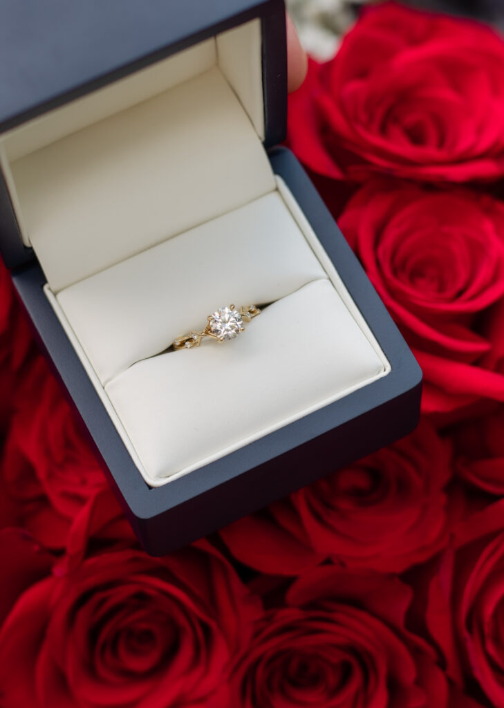Up close of engagement ring on top of red roses